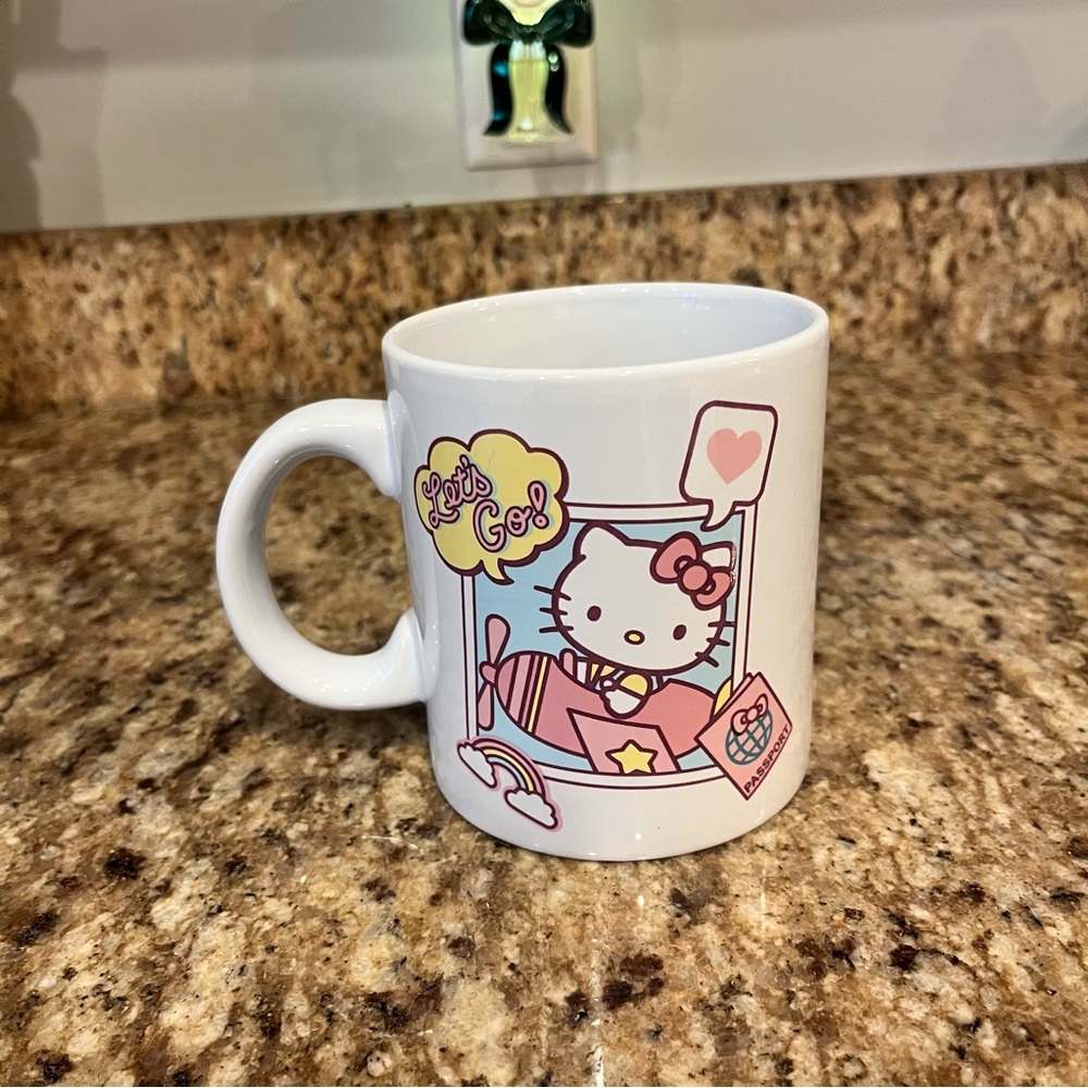 Sanrio Hello Kitty White Ceramic Travel Lets Go Plane Large Coffee Mug Kawaii